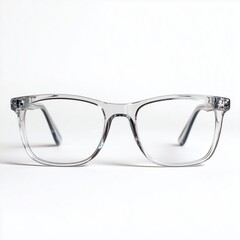 Modern reading glasses with transparent acetate frame and blue light blocking lenses on white background