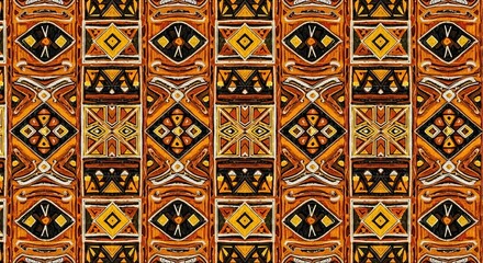 Intricate geometric tribal pattern with warm earthy tones, creating a vibrant textile design.