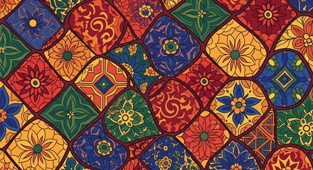 Vibrant mosaic of colorful geometric patterns and floral designs
