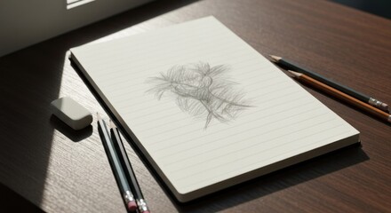 Sketchpad with a simple drawing and pencils on a dark wooden surface under soft light