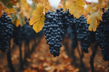A close-up of ripe, dark grapes hanging on the vine in a vineyard during the autumn season.