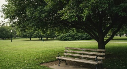 Solitary park bench under a large tree, surrounded by lush green grass