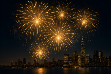Fototapeta premium Golden Fireworks Over City Skyline at Night Sky Festive Celebration