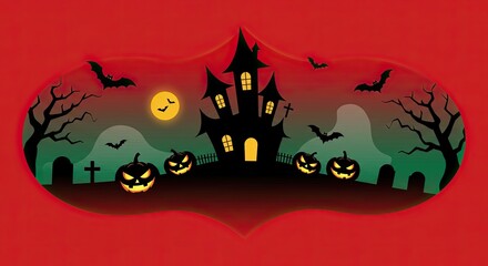 Spooky Halloween Night with Haunted House, Glowing Pumpkins, and Bats in the Moonlight in a Decorative Design.