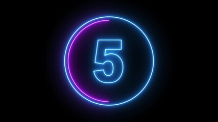 Glowing neon colorful 10 seconds countdown animation with circular progress bar in pink and blue on black background. Timer for events, gaming, streaming, broadcast, and technology intro 4K video