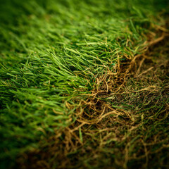 A macro image showing a detailed view of a patch of healthy green grass transitioning into dry brown grass, revealing roots and ground texture beneath. The composition emphasizes nature, growth, and e