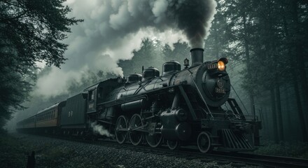 Steam train chugs through forest; plumes of smoke rise into the foggy air