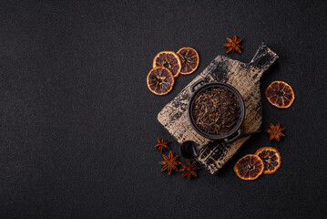Golden black tea, dried leaves of a Chinese or Indian breakfast drink. Black tea dried leaves