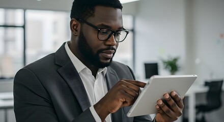Close-up of businessman using tablet in office, focused professional working with modern technology