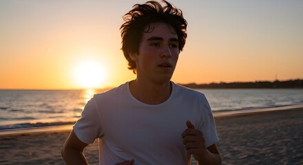 Young adult running on the beach at sunset, fitness lifestyle and healthy outdoor activity