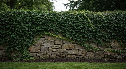 Stone wall densely covered in ivy, blurred background