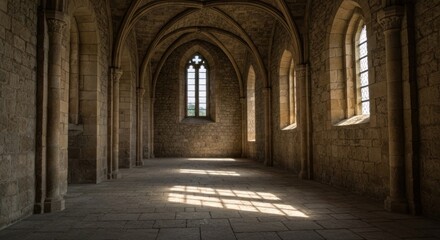 Stone-walled hall with arched ceiling and gothic windows letting in sunlight
