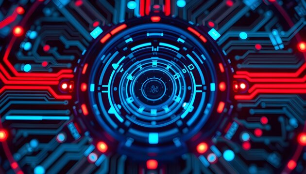 Futuristic digital circuit board with a glowing blue and red circular design, technology concept.