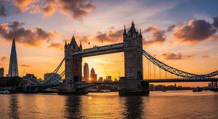 Iconic bridge illuminated by a vibrant sunset over a city skyline and river.