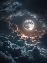 Obraz premium Night sky with full moon in clouds. huge moon in the sky
