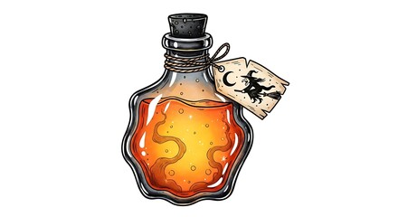 Whimsical Halloween Potion Bottle with Witch and Moon Tag
