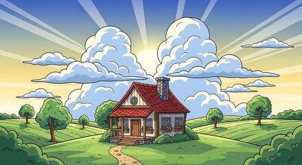 Cozy cottage bathed in warm sunlight, surrounded by rolling green hills and fluffy clouds.