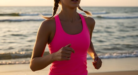 30-year-old woman running along sandy beach at sunset with waves and warm light