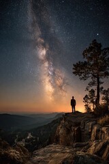 Fototapeta premium photo. A man standing on a high place looks at the wonder of the Milky Way galaxy,