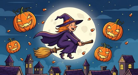 Witch Flying on Broom with Pumpkins and Moon, Halloween Night.