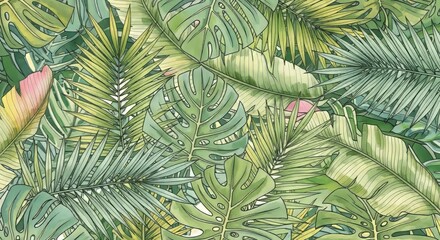 Lush tropical jungle foliage with vibrant green leaves and subtle pink accents