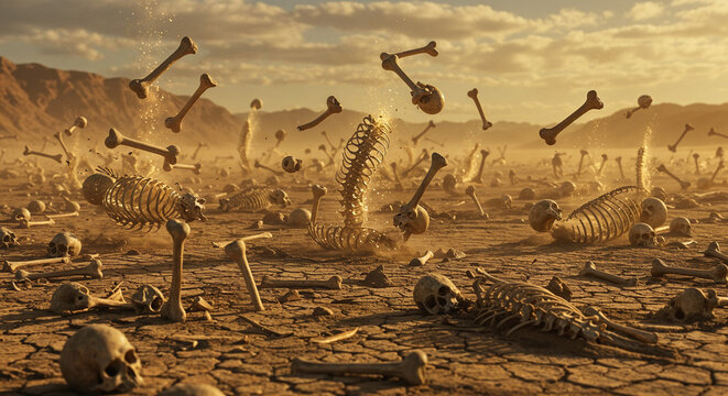 Valley of Dry Bones Biblical Scene Ezekiel 37 Panoramic Desert Landscape 4K