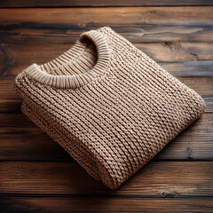 A warm brown knit sweater folded on a rustic wooden surface. The cozy texture and natural tones evoke a sense of autumn comfort and handcrafted fashion.