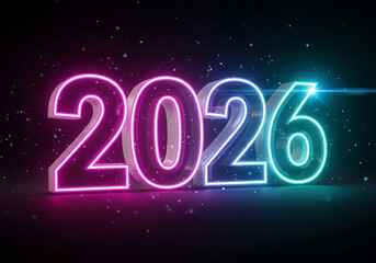 The year 2026 rendered in bold 3d with vibrant neon pink and cyan glowing edges against a dark, starry background, representing futuristic vision and innovation