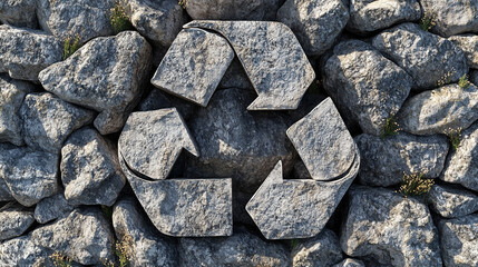 Recycle symbol crafted from grey stones with rough texture, representing eco-friendly practices, sustainability, and the natural reuse of resources
