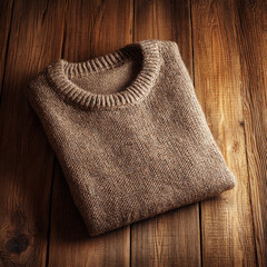 A warm brown knit sweater folded on a rustic wooden surface. The cozy texture and natural tones evoke a sense of autumn comfort and handcrafted fashion.
