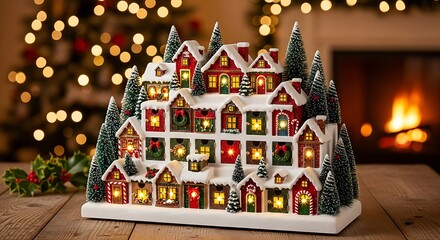Christmas village advent calendar with lights and christmas tree on a wooden table