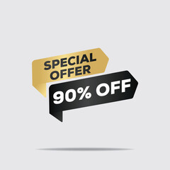 3d banner, modern minimal design, bold yellow and black text, vivid colors, high contrast, clear and legible, retail sale promotion, special offer, 90% off text, dynamic composition, floating elements