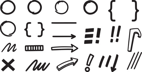 Obraz premium Set of Hand-Drawn Communication Bubbles, Speech Clouds, Thought Boxes, and Various Directional Arrow Icons for Comics and Design