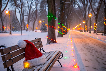 Festive winter scene showing a Santa hat on a park bench surrounded by snow and colorful Christmas lights, capturing cozy holiday season atmosphere for Christmas advertising and cards.