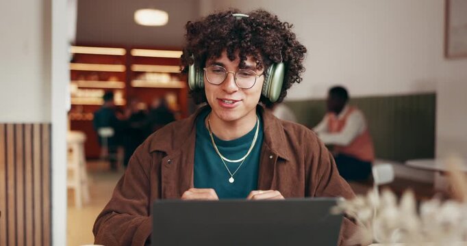 Laptop, business man and video call in cafe for source interview, article info or remote work. Freelancer, journalist or headphones with webinar in restaurant for news discussion or fact verification