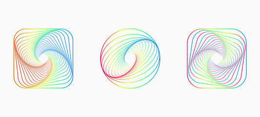 Twisted colored spiral. Curved wireframe tunnel. Vector technology logo element.