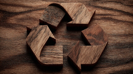 Recycle symbol crafted from walnut wood texture, representing eco-friendliness, sustainability, and recycling, perfect for environmental and green design visuals
