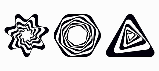 Twisted colored spiral. Curved wireframe tunnel. Vector technology logo element.