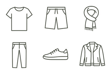 Fashion icons: t-shirt, shorts, scarf, pants, shoes, jacket outlined on textured background