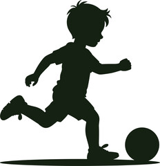 Child running silhouette, kid chasing ball, outdoor play vector, childhood activity, soccer motion, energetic youth, flat vector illustration
