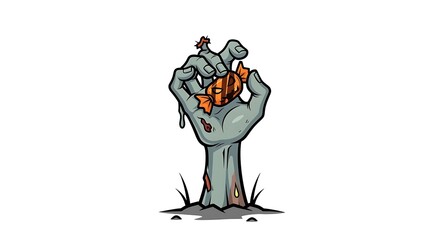 Zombie Hand Emerging with Halloween Candy, Isolated on White Background
