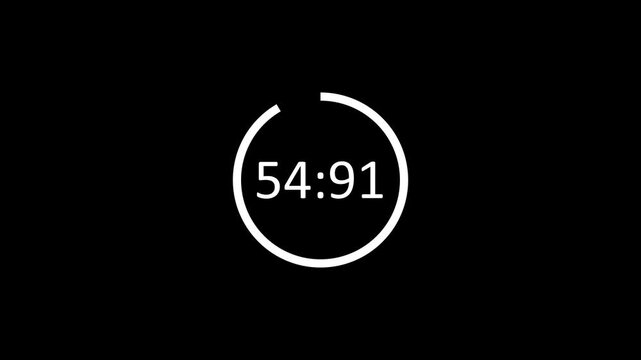 One minute countdown timer stopwatch animation from 60 to 0 seconds on transparent background with seconds, miliseconds, 1 minute Countdown video with alpha channel in 4k.
