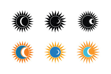 Set of sun and moon vector illustration, black and colorful versions on a plain white square.