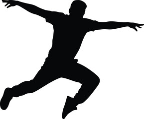 Jumping silhouette, dynamic pose, energetic movement, athletic leap, human figure, black shape, isolated background, action concept, expressive gesture, flat vector illustration