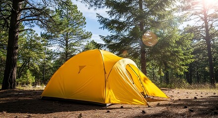 Vibrant yellow camping tent perfectly set up in a sun-drenched pine forest, offering an ideal spot for wilderness exploration and a serene outdoor escape