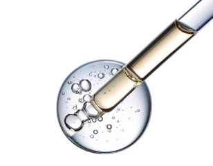 Clear serum being dispensed from dropper into a circular dish