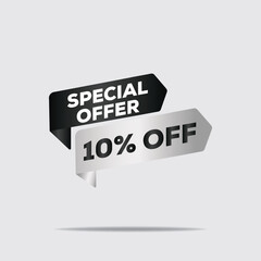 "3D rendered black and white advertisement sign, 10% off special offer, bold typography, minimalist floating design with reflective surface, clean background"