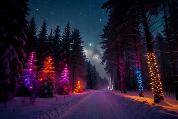 Magical nighttime winter forest illuminated by Christmas tree lights and stars, representing festive holiday spirit, tranquility, and seasonal celebration for Christmas or New Year themes