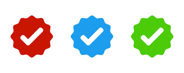 Three colorful verified badges with checkmarks on a white background