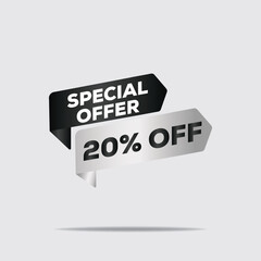 "3D rendered floating text, SPECIAL OFFER 20% OFF, minimalist bold typography, dynamic modern design, high contrast monochrome on white background"